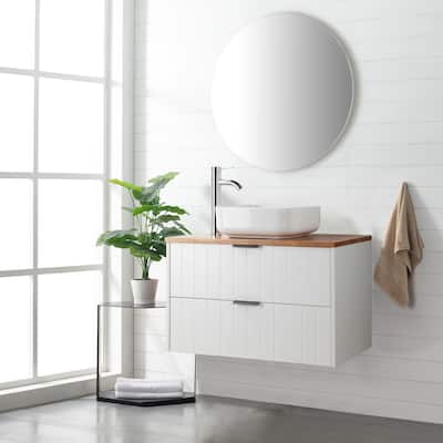 32" Drawer Wall-Mounted Vanity with Solid Wood Top and Round Mirror
