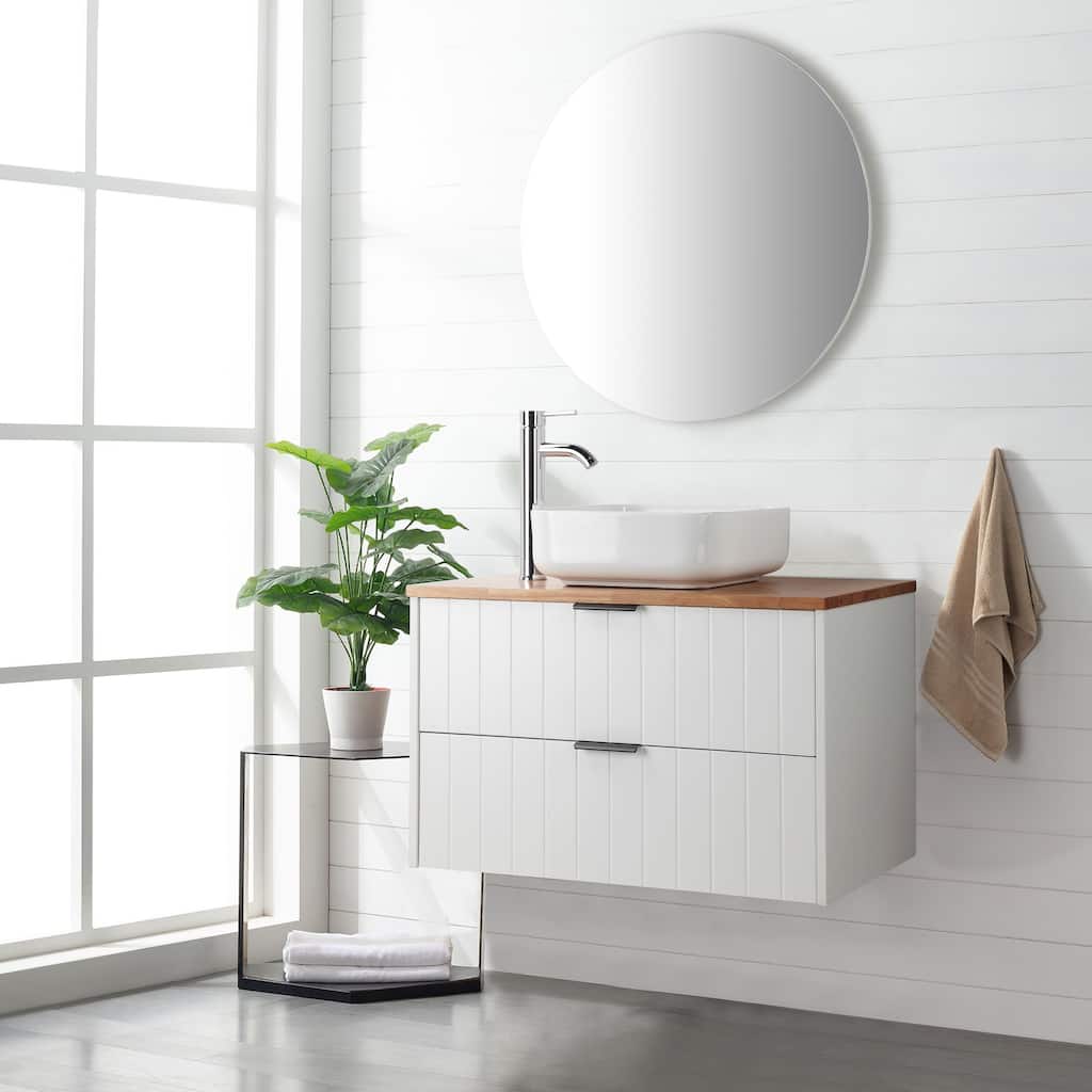 32" Drawer Wall-Mounted Vanity with Solid Wood Top and Round Mirror