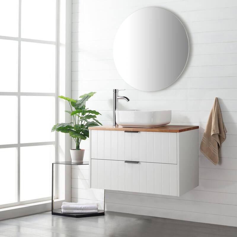 32 Inch White Wall Mount Bathroom Vanity with Double Drawers Solid Wood Top Square Ceramic Sink Modern Minimalist Design"