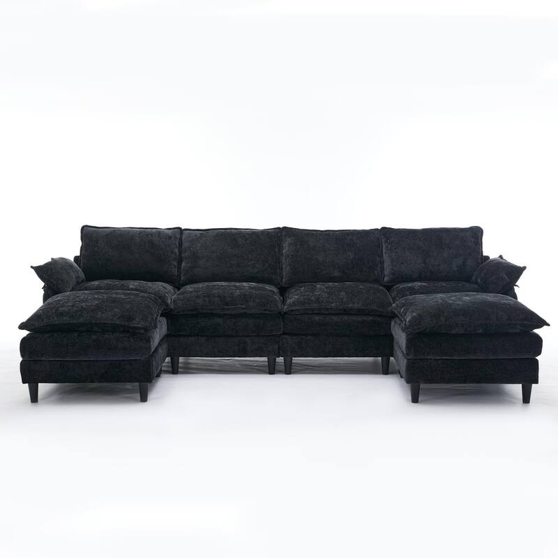 6 Seater Modular U Shaped Sectional Sofa Couch with Two Ottoman - Black