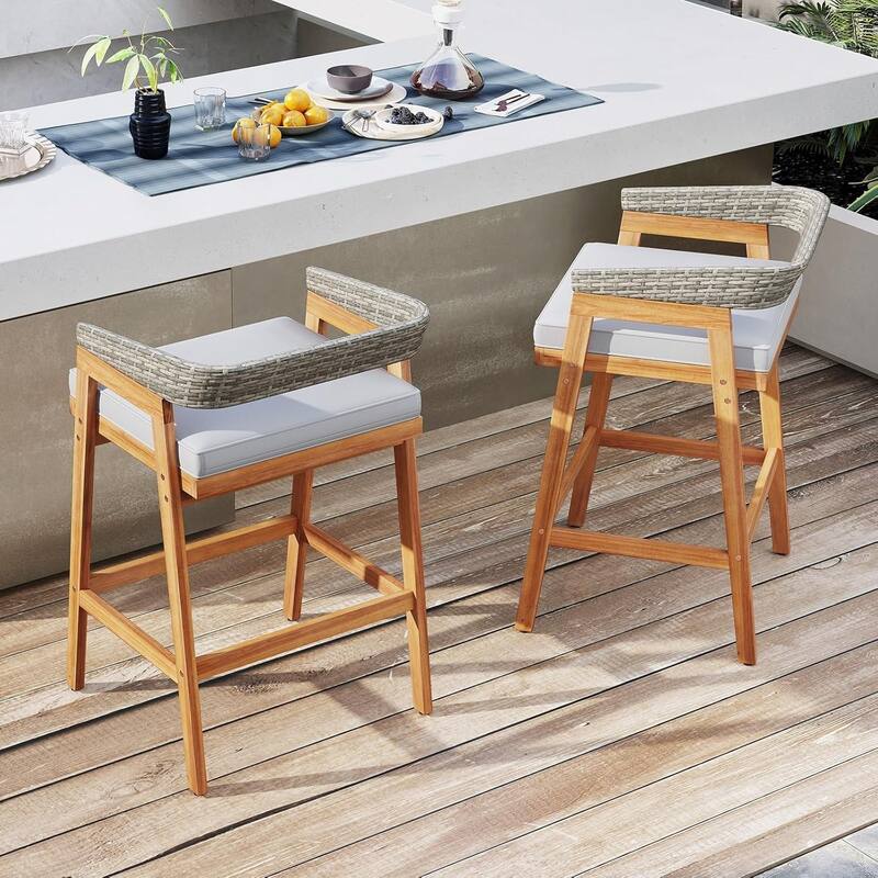 Set of 2 Patio Counter Height Bar Stools Outdoor Wood Bar Chairs