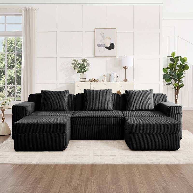 Modular 3-Seat Sectional Sofa with Throw Pillows and 2 Movable Ottomans
