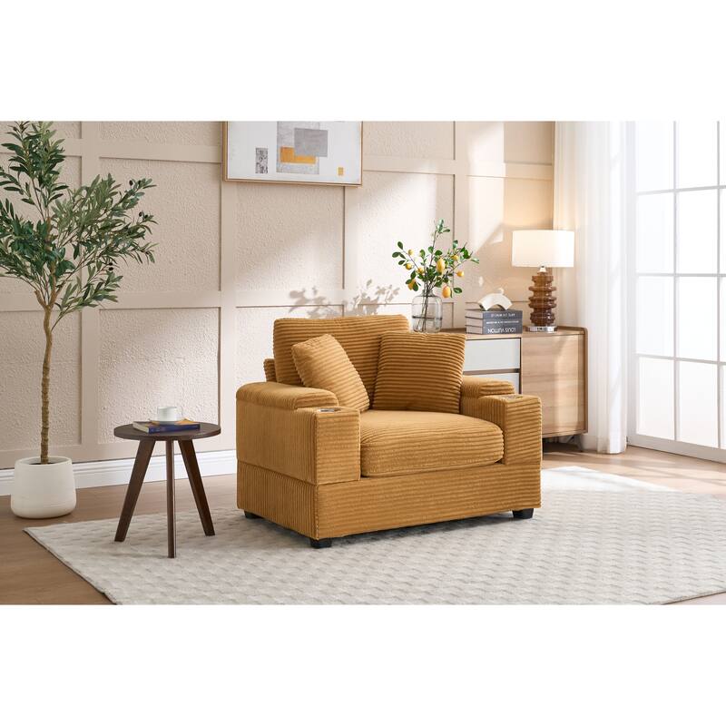 Corduroy Sofa Set with Ottoman, Handrail Storage & Cup Holders