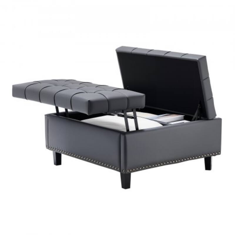 Tufted Lift Top Storage Ottoman Elegant Gray PU Leather with Hidden Compartment Child Safe Hinges - Grey