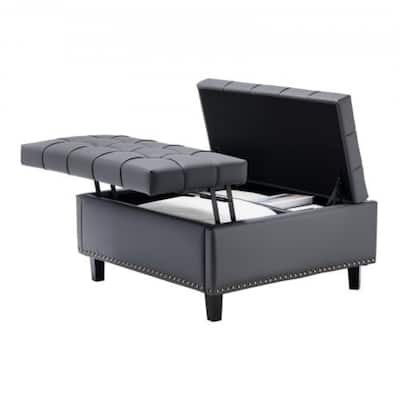 Tufted Lift Top Storage Ottoman Elegant Gray PU Leather with Hidden Compartment Child Safe Hinges