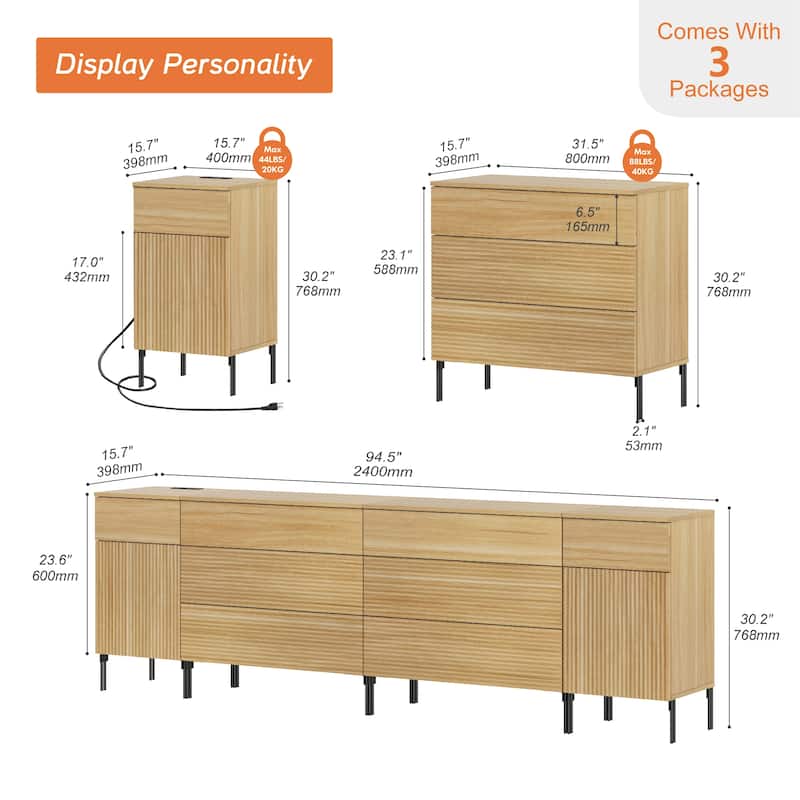 94.5" Wooden Reeded Sideboard With Built-In Charging Station, 4-In-1 Modern Credenza