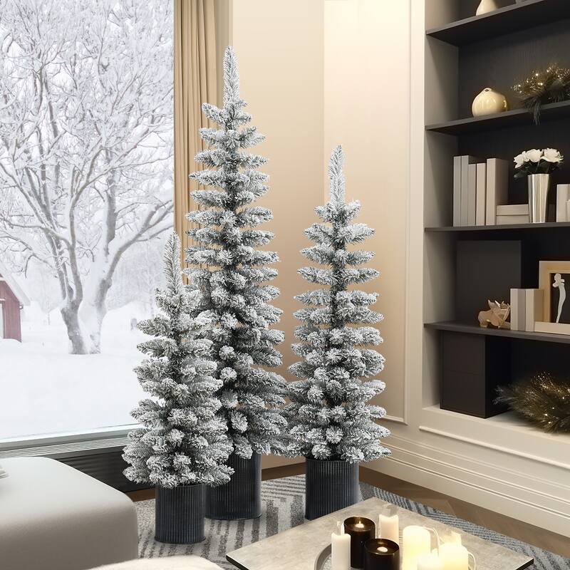 Set of 3 Snow-Flocked Christmas Trees with Metal Pots - 60" H x 15.7" Diameter