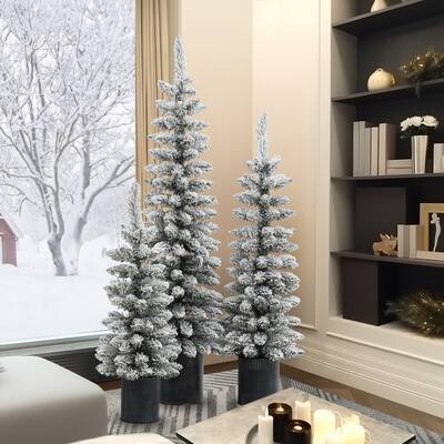 Set of 3 Snow-Flocked Christmas Trees with Metal Pots