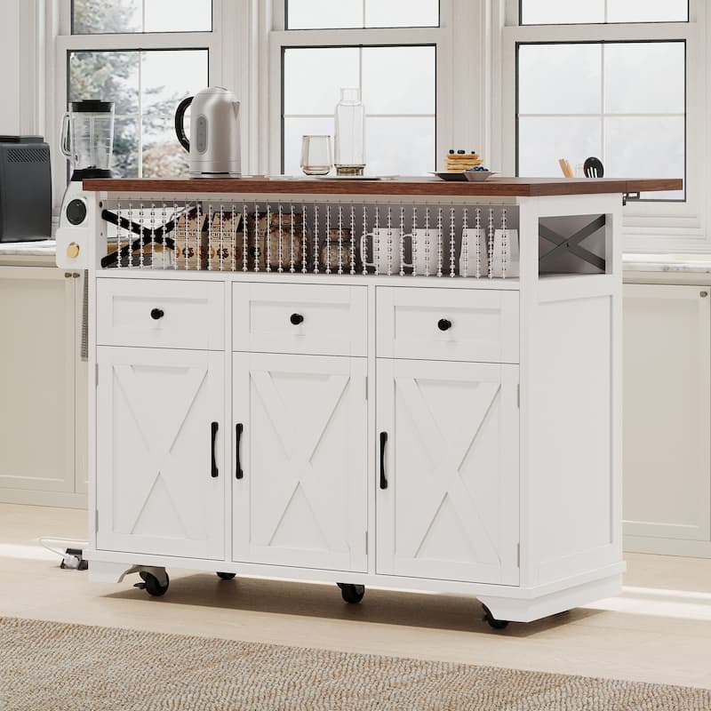 46.5''Farmhouse Kitchen Island with Drape of Beads, Power Outlet,Rolling Kitchen cart on Wheels with Drop Leaf,3 Doors,3 Drawers - White