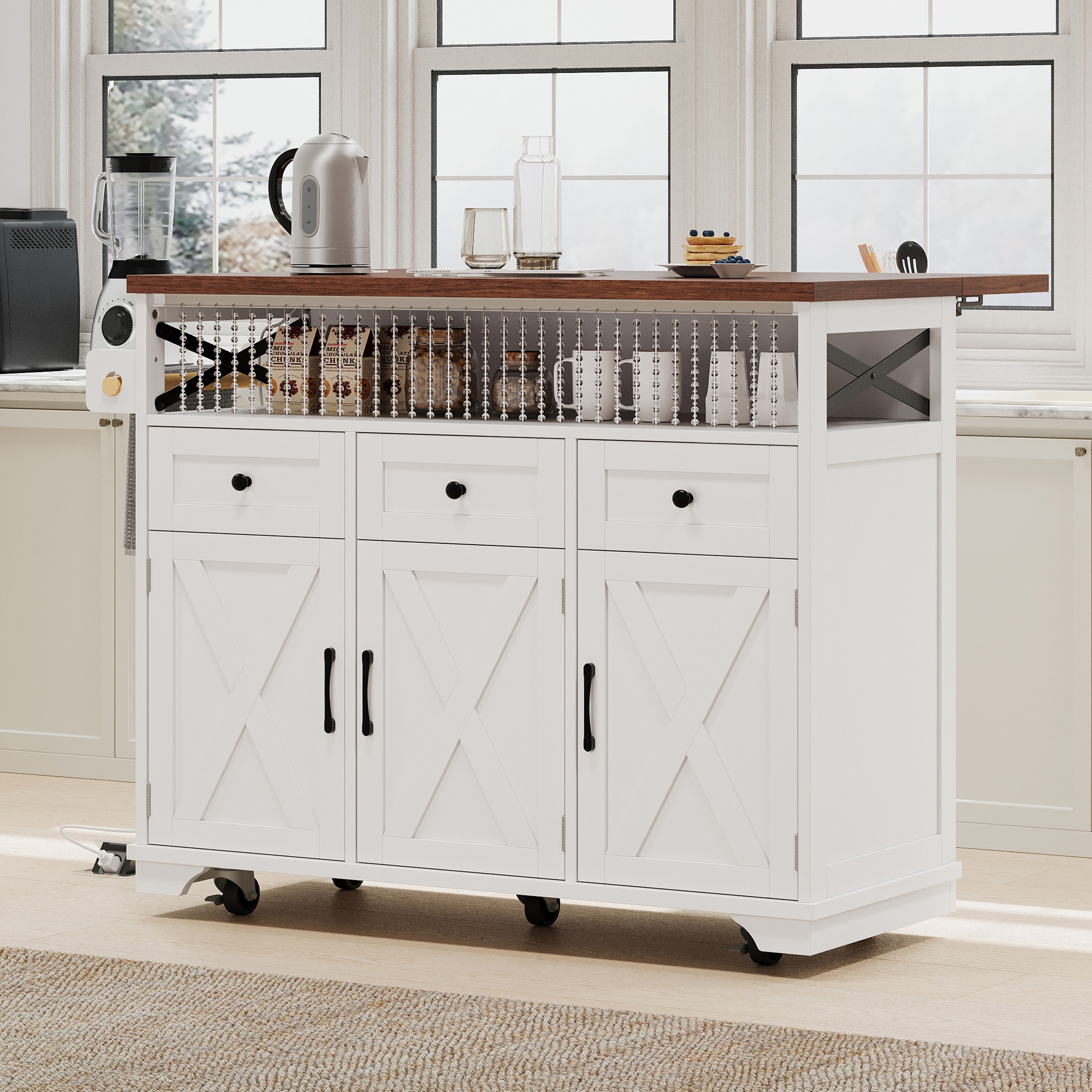 Farmhouse Kitchen Island Serving Cart with Drop Leaf, White Rolling Kitchen Cart with 3 Drawers & 3 Cabinets