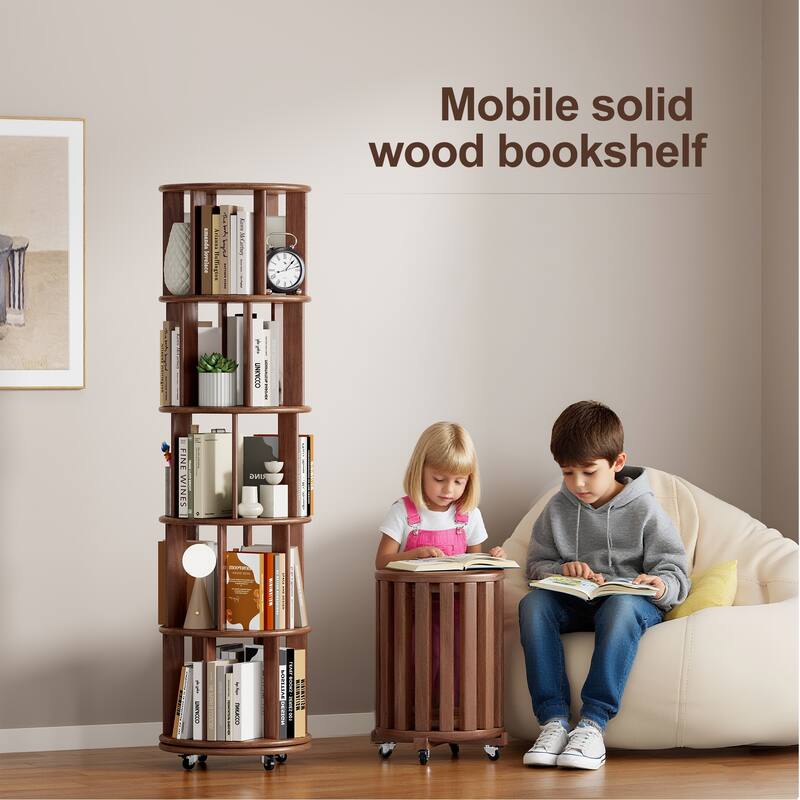 100%Solid Wood Rotating Bookshelf on Wheels,5 Tier, Round Revolving Bookcase, 360°Spinning Book Shelf Tower, Narrow Bookshelves