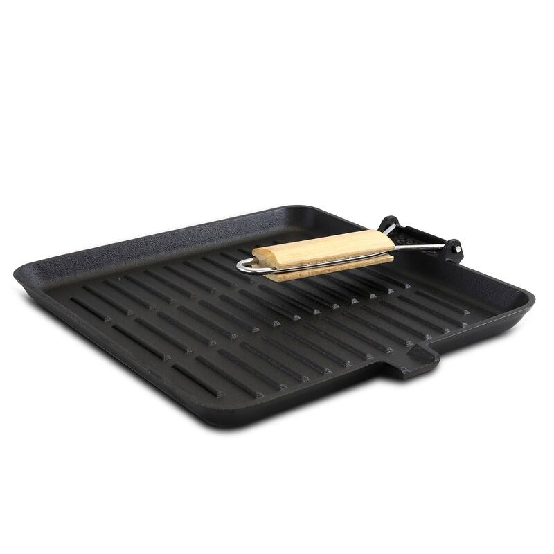 General Store Addlestone 14 Inch Pre-Seasoned Cast Iron Grill Pan with Foldable Wooden Handle