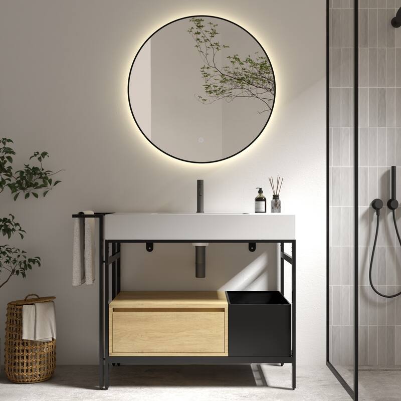 36" Industrial Modular Bathroom Vanity - Metal Frame with Seamless Artificial Stone Basin(Drain & Faucet Not Included) - Oak