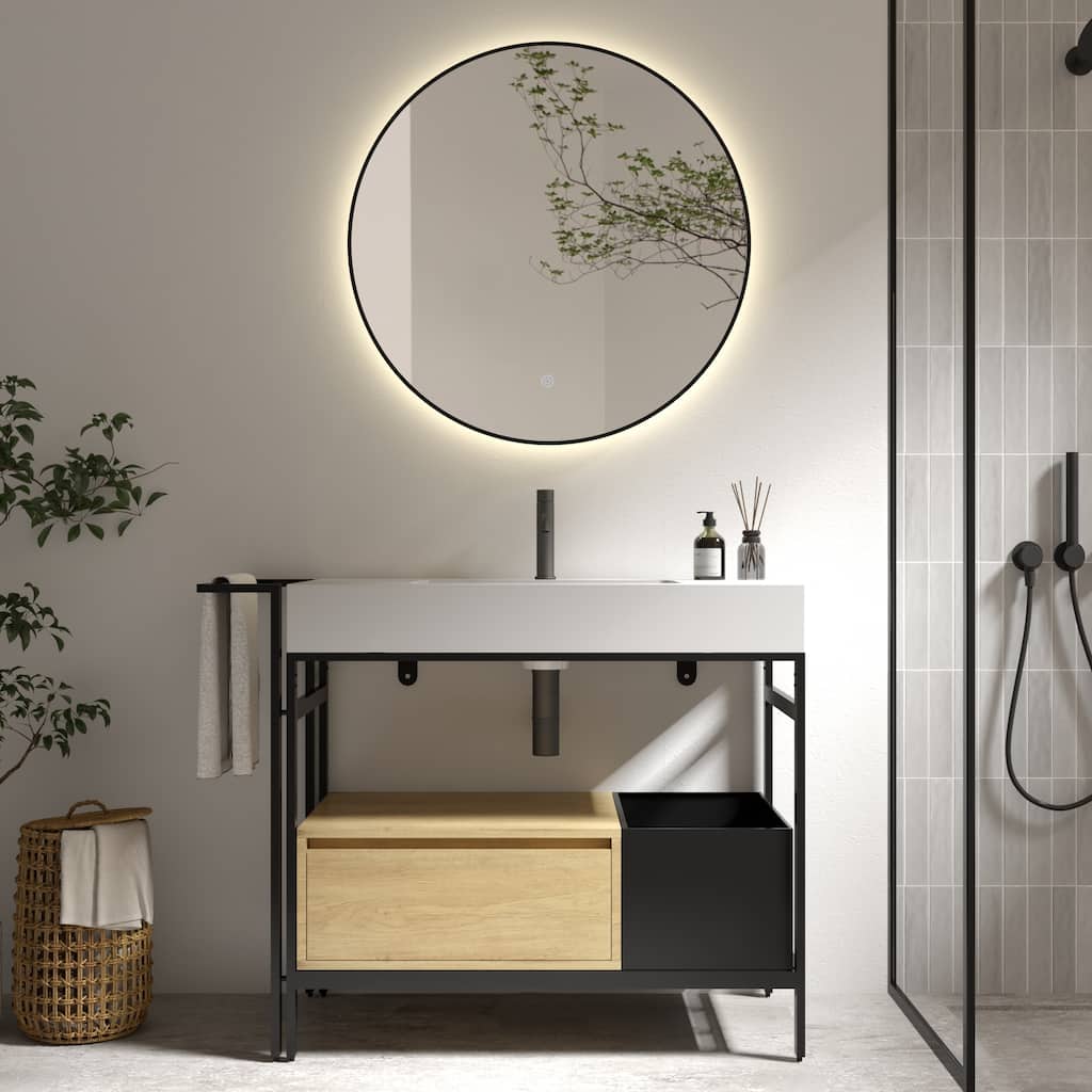 GDFStudio - Forte Industrial Metal Frame Bathroom Vanity with Artificial Stone Basin, Towel Rack & Open Storage