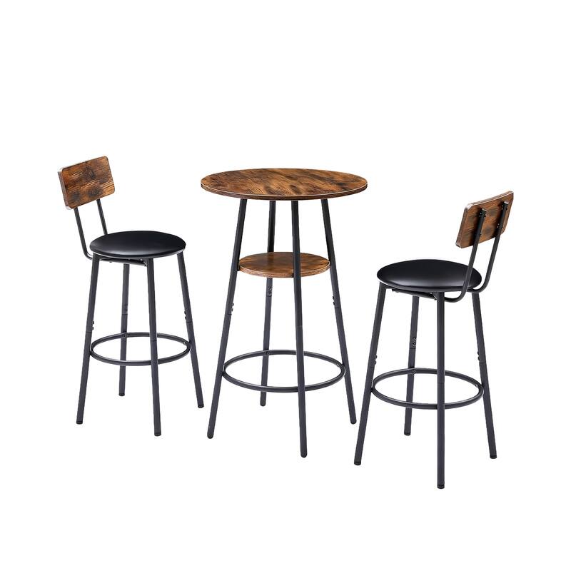 3 Pieces Round Bar Table and Chairs Set, Small Dining Table for 2 with 2-Tier Storage & 2 PU Upholstered Bar Stools