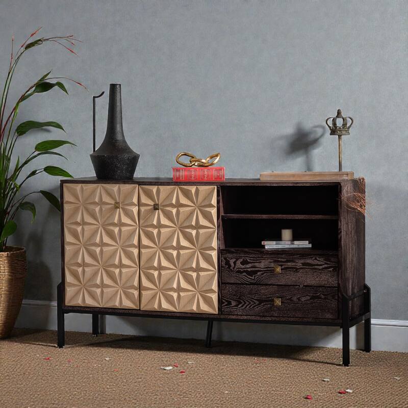 56.30" Mid-Century Modern Sideboard Cabinet with 3D Geometric Doors, Solid Wood & MDF Buffet Console Table