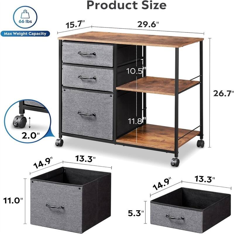 3 Drawer Mobile File Cabinet - 15.75"D x 29.53"W x 26.77"H