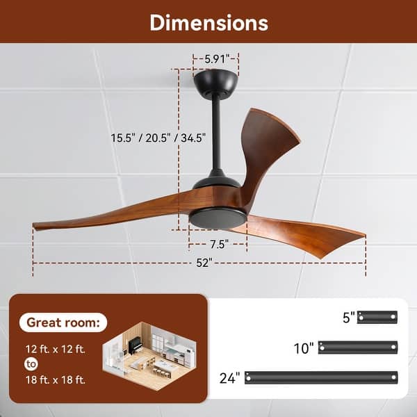 dimension image slide 3 of 13, Sofucor 52''/60" Large Ceiling Fan without Lights, Remote Control and Reversible Motor Included, Smart Optinal
