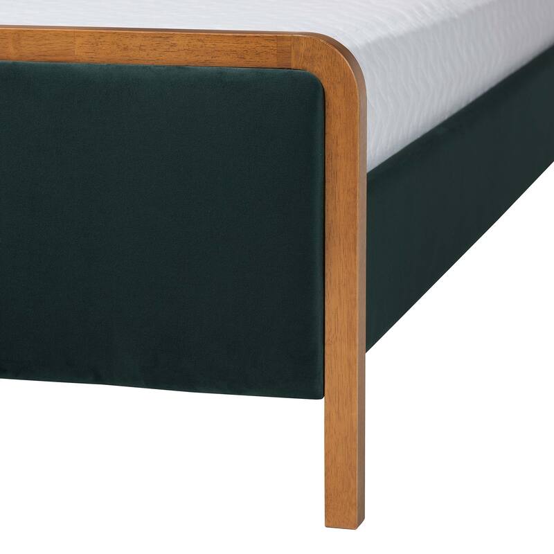 Gerianne Velvet Upholstered Platform Bed - Classic European Bed Frame with Scalloped Headboard and Wood Trim