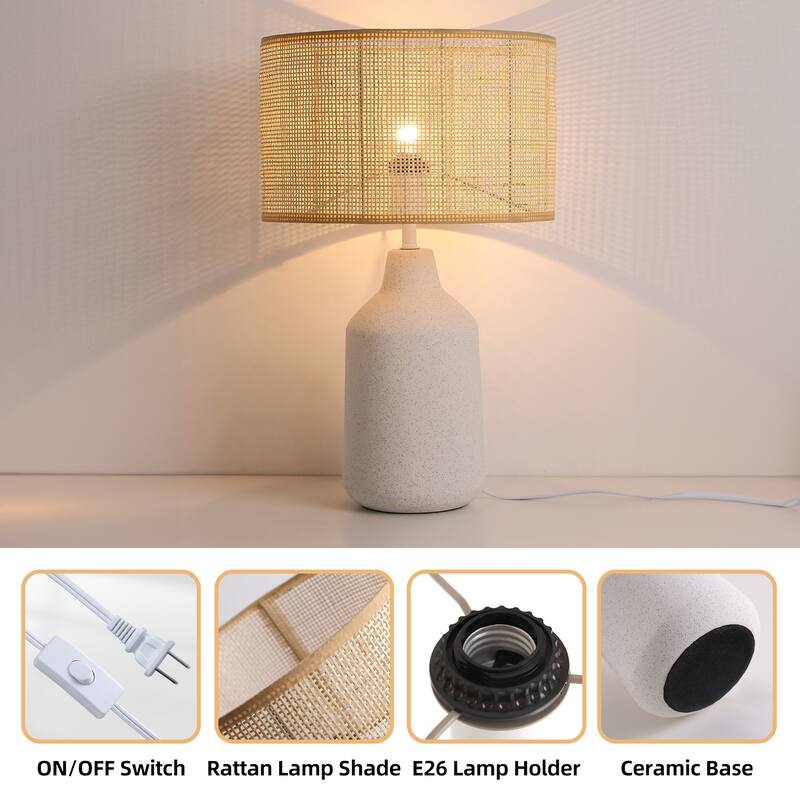 21 in. Boho Ceramic Table Lamp with Ceramic Base and Rattan Shade for Living Room, Bedroom, Dining Room