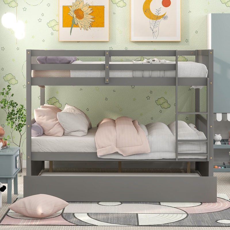 Ouyessir Full Over Full Bunk Bed with Trundle - Grey