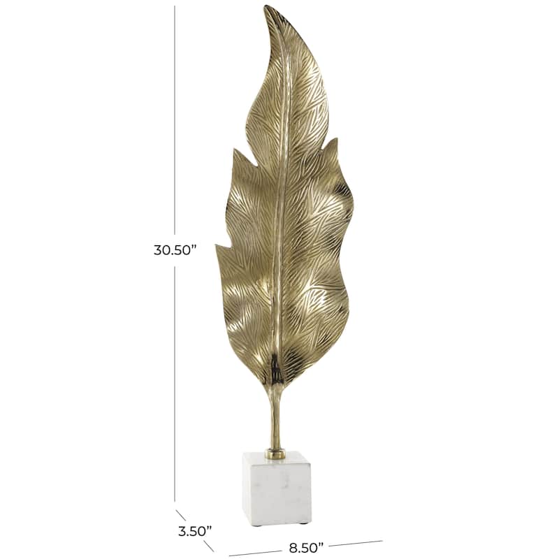 Aluminum Metal Leaf Tall Textured Decorative Sculpture with White Marble Base - Gold - Roche River Decor