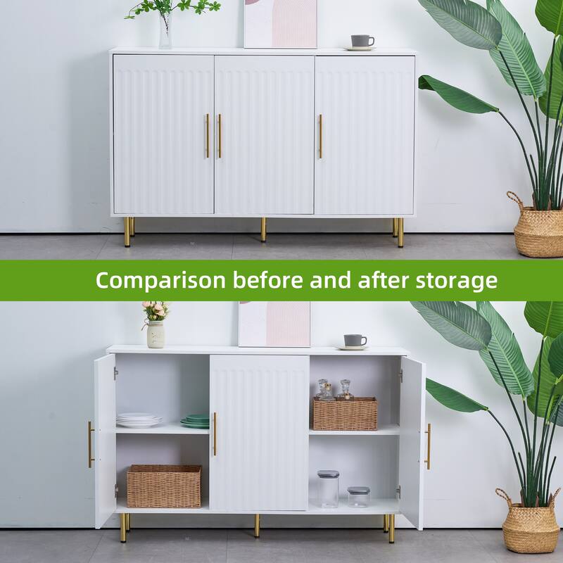 White Metal Handle 3-Door Sideboard with Fluted Design and Storage - 55.12” L x 13.78” W x 35.83” H