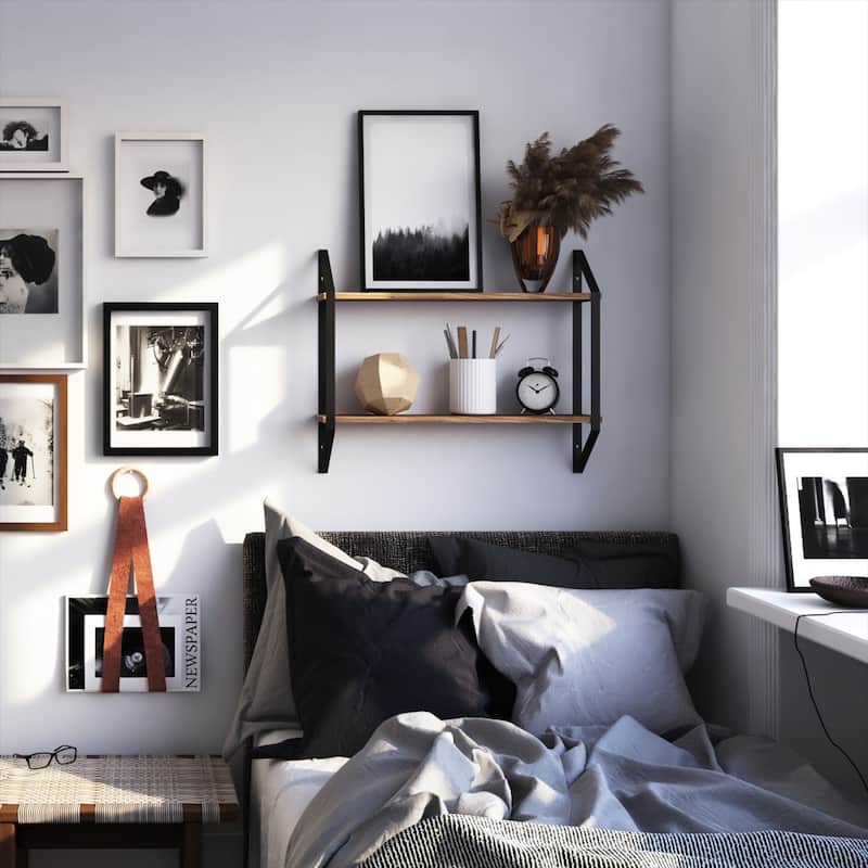 Wallniture Ponza 2-Tier Wood Floating Bookshelf for Bedroom Wall Decor