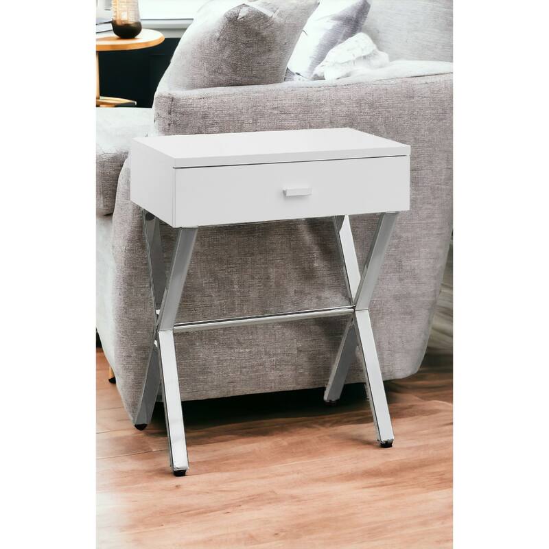Stylish 22" End Table with Storage Drawer and Silver Metal Base Wood Top Perfect for Bedroom or Living Room