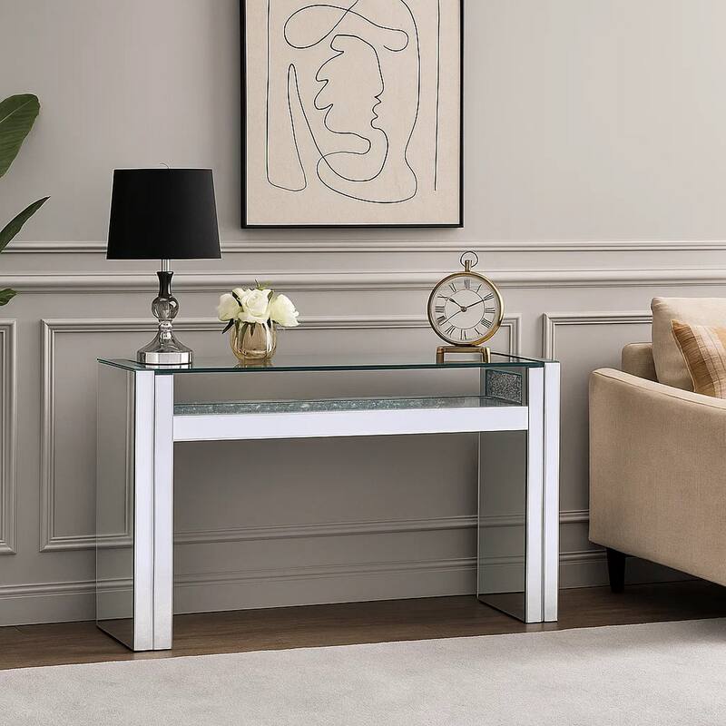 Wood and Mirror Sofa Table with Studded Faux Crystals, Clear