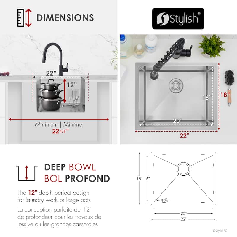 STYLISH 22 inch L x 18 inch W Stainless Steel Single Basin Dual Mount Laundry Sink with Strainer - 22" x 18" x 12"