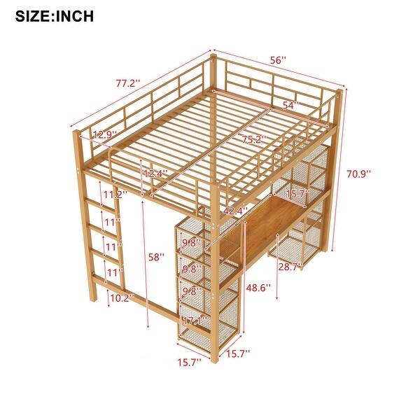 Metal Full Size Loft Bed with Built-in Desk, Storage Shelves and Ladder
