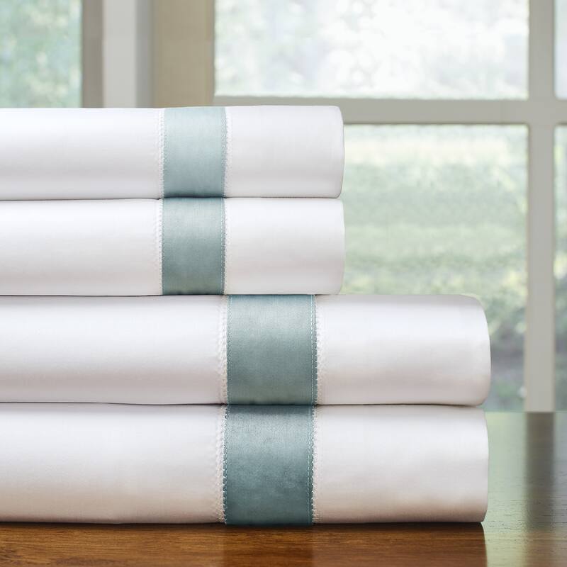 Pointehaven 525 Thread count Long staple cotton extra deep pocket Bordered Hem 4 pc sheet set - Queen - White with Sterling Blue