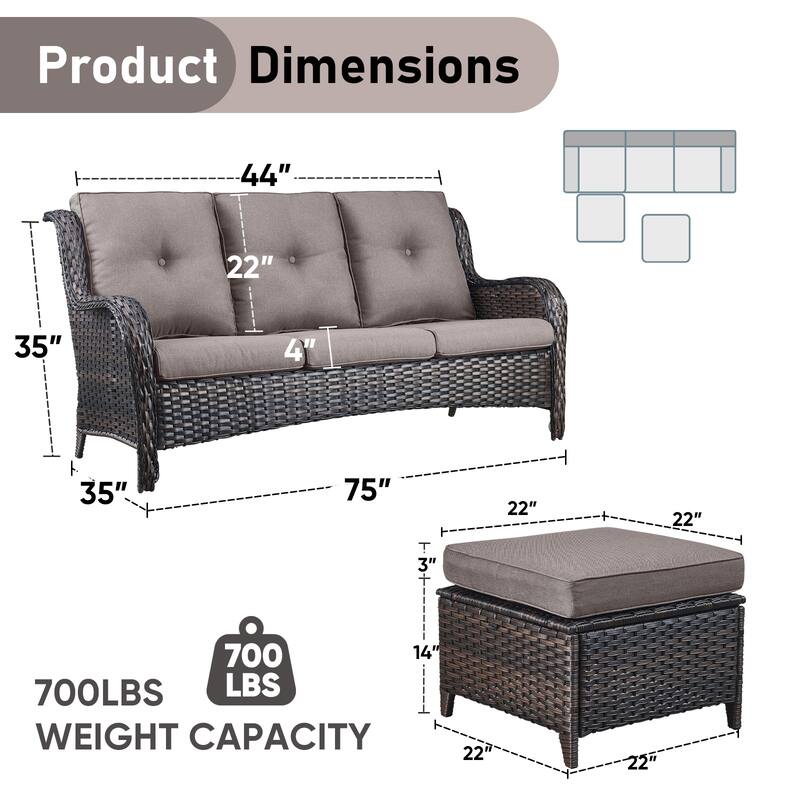 Gymojoy 3-Piece Outdoor Patio High-back Wicker Sectional Ottoman Set