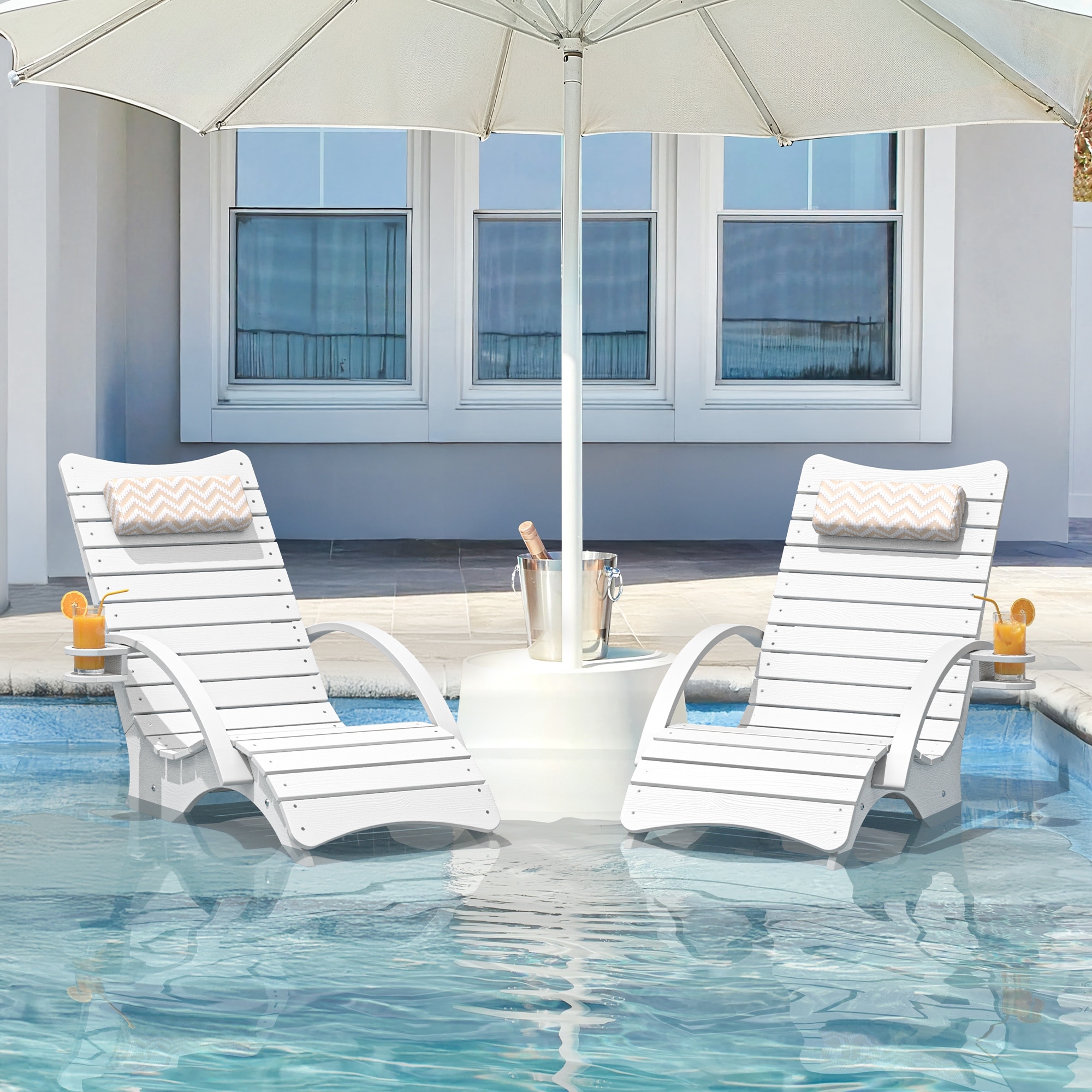 Outdoor Chaise Lounge Set of 2, All Weather Wood Lounge Chairs, Ergonomic Poolside Chaise Lounge with Cup Holder & Headrest