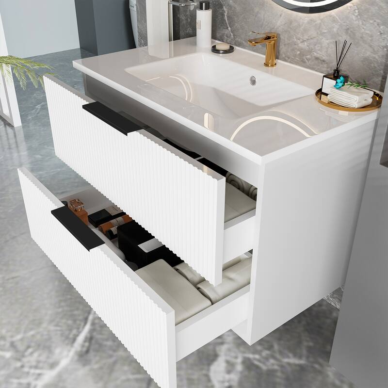 30" Floating Bathroom Vanity with Ceramic Sink - Wall Mounted Fluted Vanity Cabinet with Drawers, Modern Design