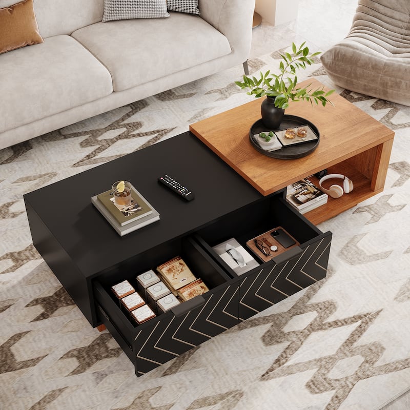 Wooden Extendable Center Coffee Table with Sliding Tabletop - Light Brown+Black