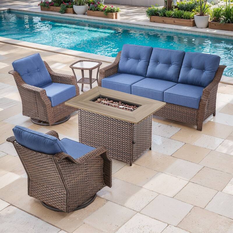 Artisan Brown Wicker Patio Fire Pit Conversation Set with 3-Seat Sofa & Swivel Gliders - Navy Blue - 5-Piece