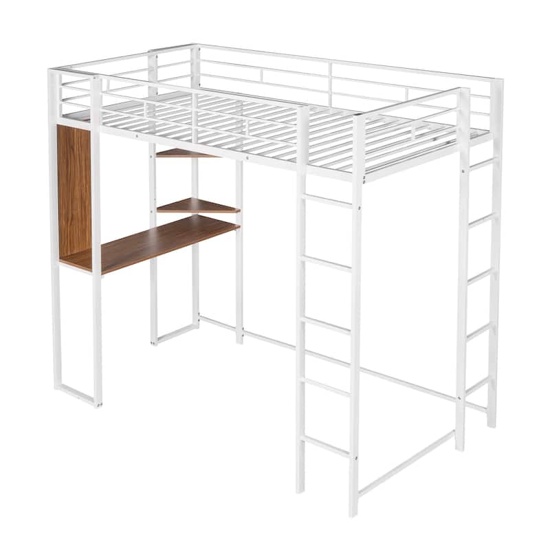 White Twin Size Metal Loft Bed with Ladder, Fence, Shelves, and Desk