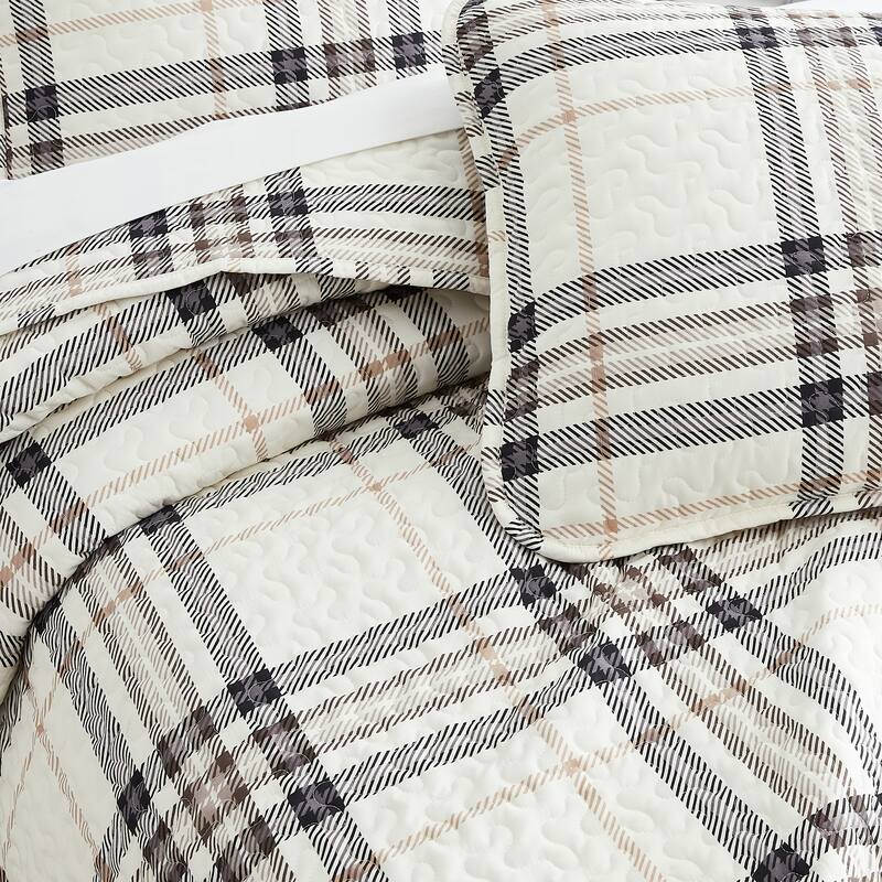Vilano Choice Ultra-Soft Plaid 3-piece Quilt and Sham Set - Tofu - Full - Queen