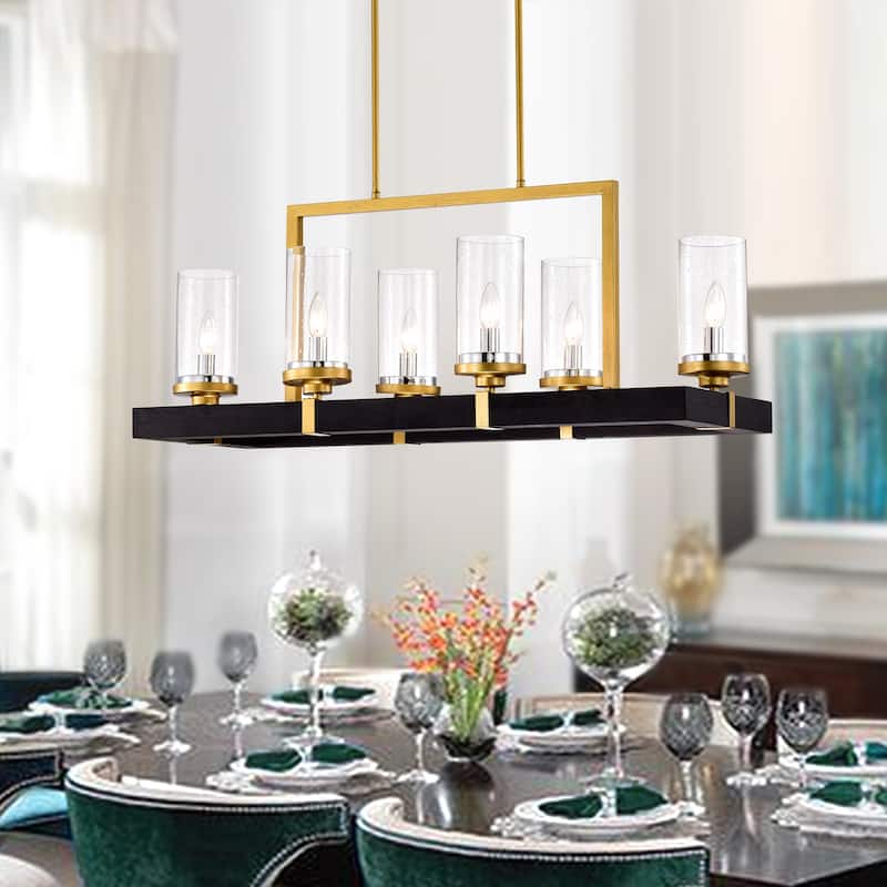 Wood and Metal 6-light Linear Chandelier with Seeded Glass Shades Gold / Black