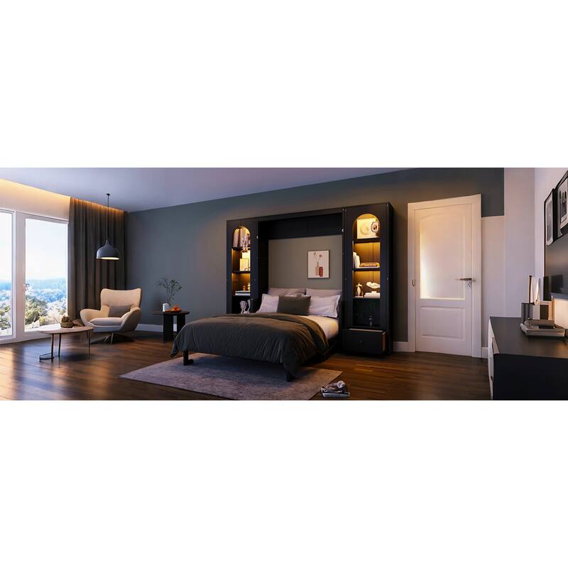 Roomfitters Queen Size Murphy Platform Bed with Side Cabinets and Drawers, LED Lights, Black