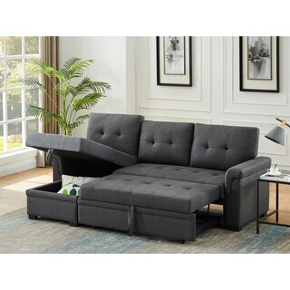 Linen Fabric L-shape Sectional Sofa Set Dark Gray Pull Out Couch Set ...