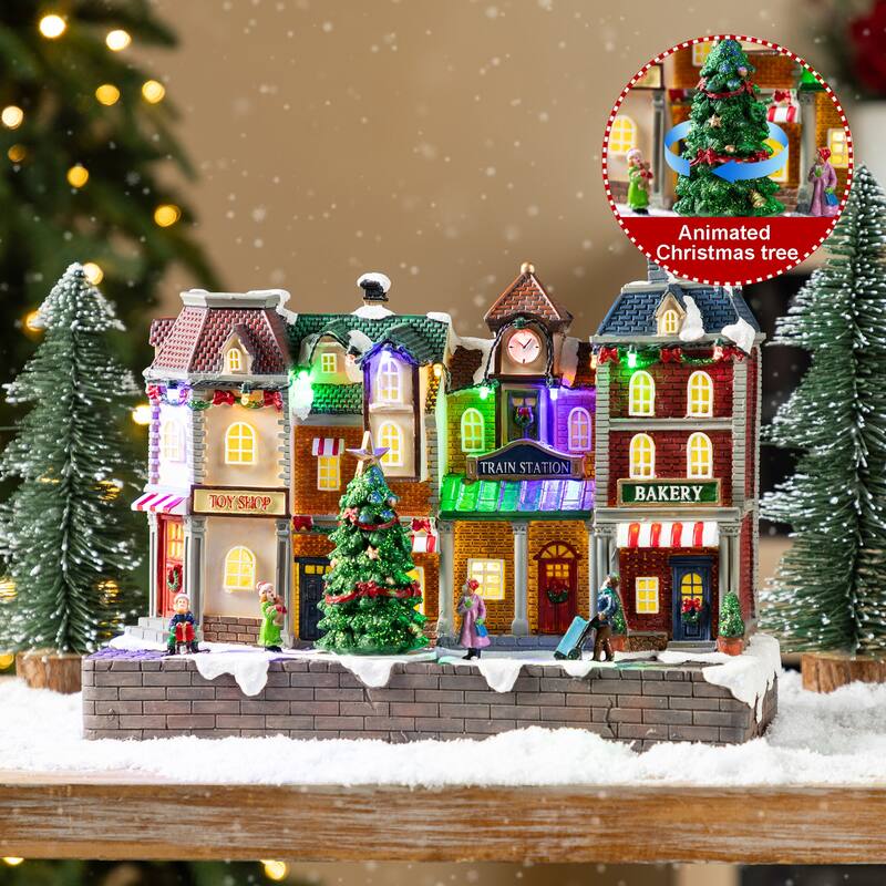 Glitzhome 13.75"L Lighted Christmas Train station Resin Village with Movement and Music