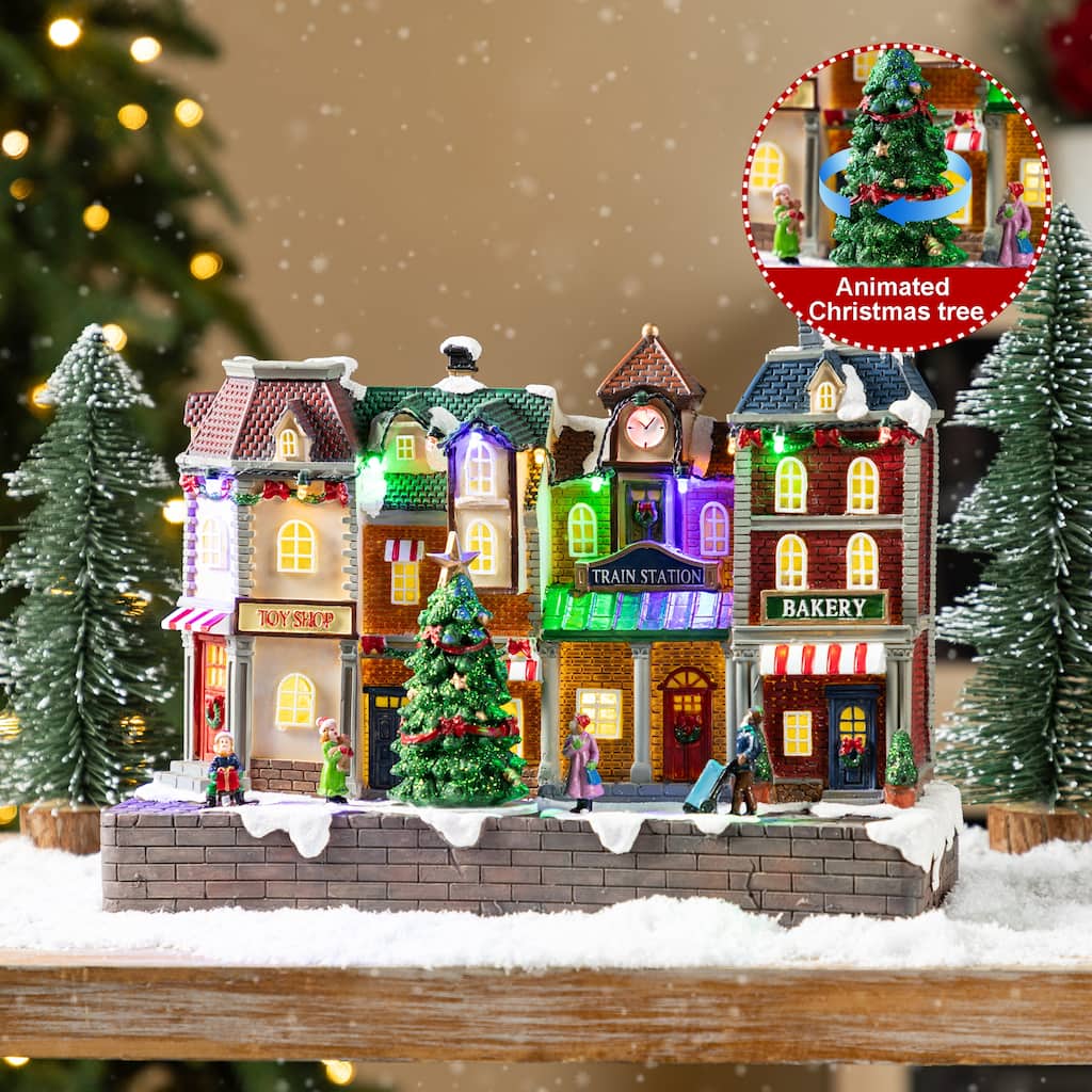 Glitzhome 13.75"L Lighted Christmas Train station Resin Village with Movement and Music