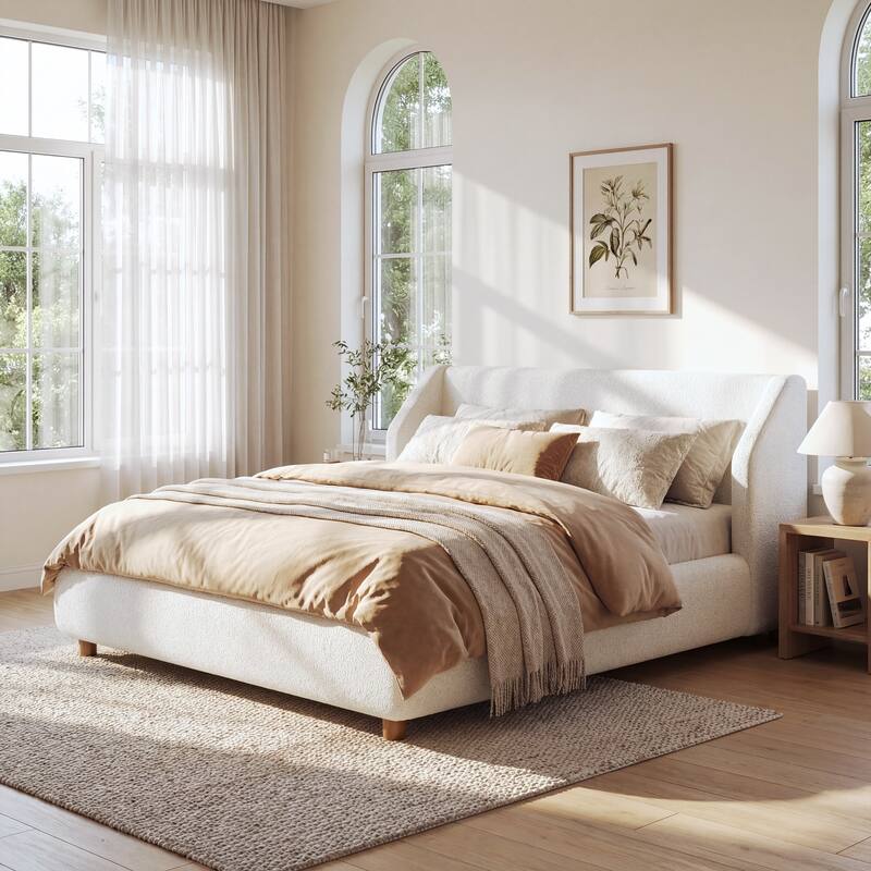 Christopher Knight Home - Arvilla Modern Boucle Upholstered Low Profile Platform Bed with Wingback Headboard & Wooden Slats