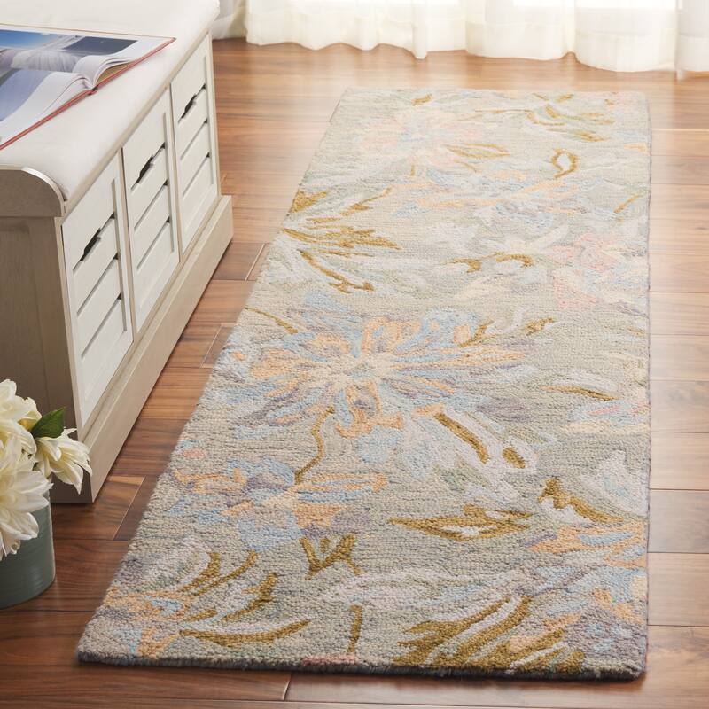 SAFAVIEH Handmade Jardin Sanni Floral Wool Rug - 2'3" x 8' Runner - Grey/Blue