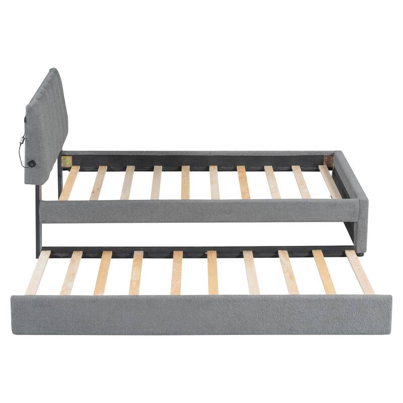 Twin Upholstered Platform Bed with Trundle, Soft Teddy Fleece, Stripe Headboard, and Smart LED Lights