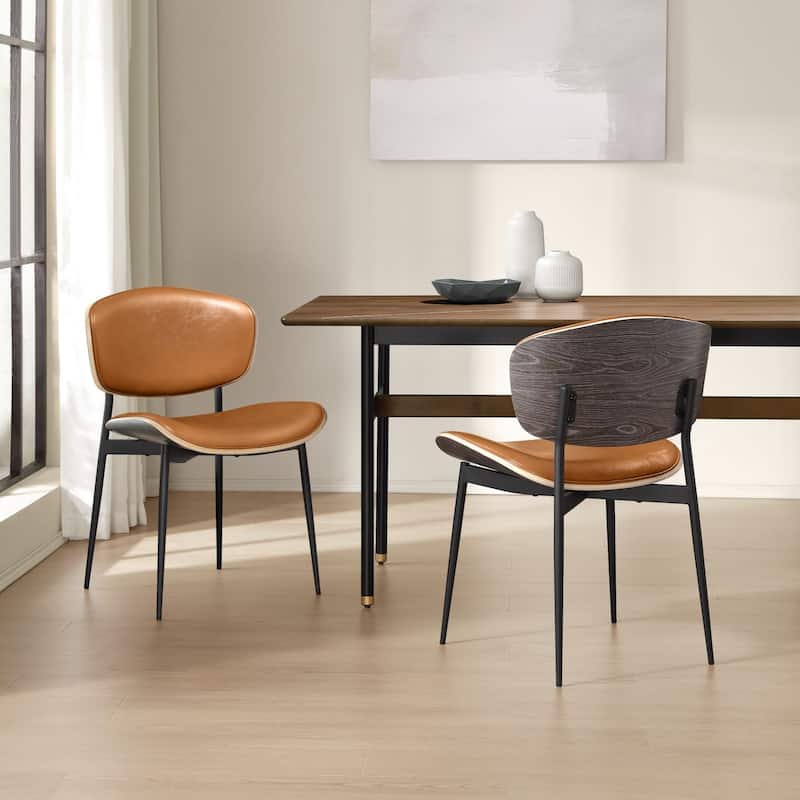 Mid-Century Faux Leather Upholstered Wood Accent Desk Chair - 2 Chairs - Squircle Brown