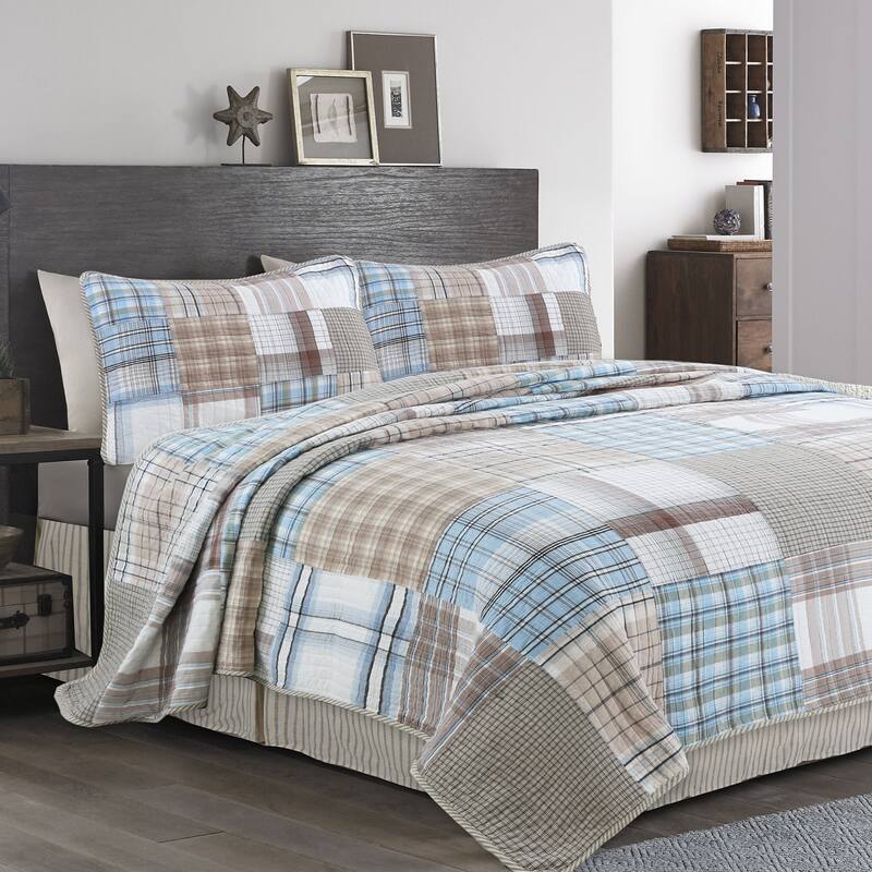 Cozy Line Hank Blue Patchwork 3-piece Reversible Cotton Quilt Bedding Set